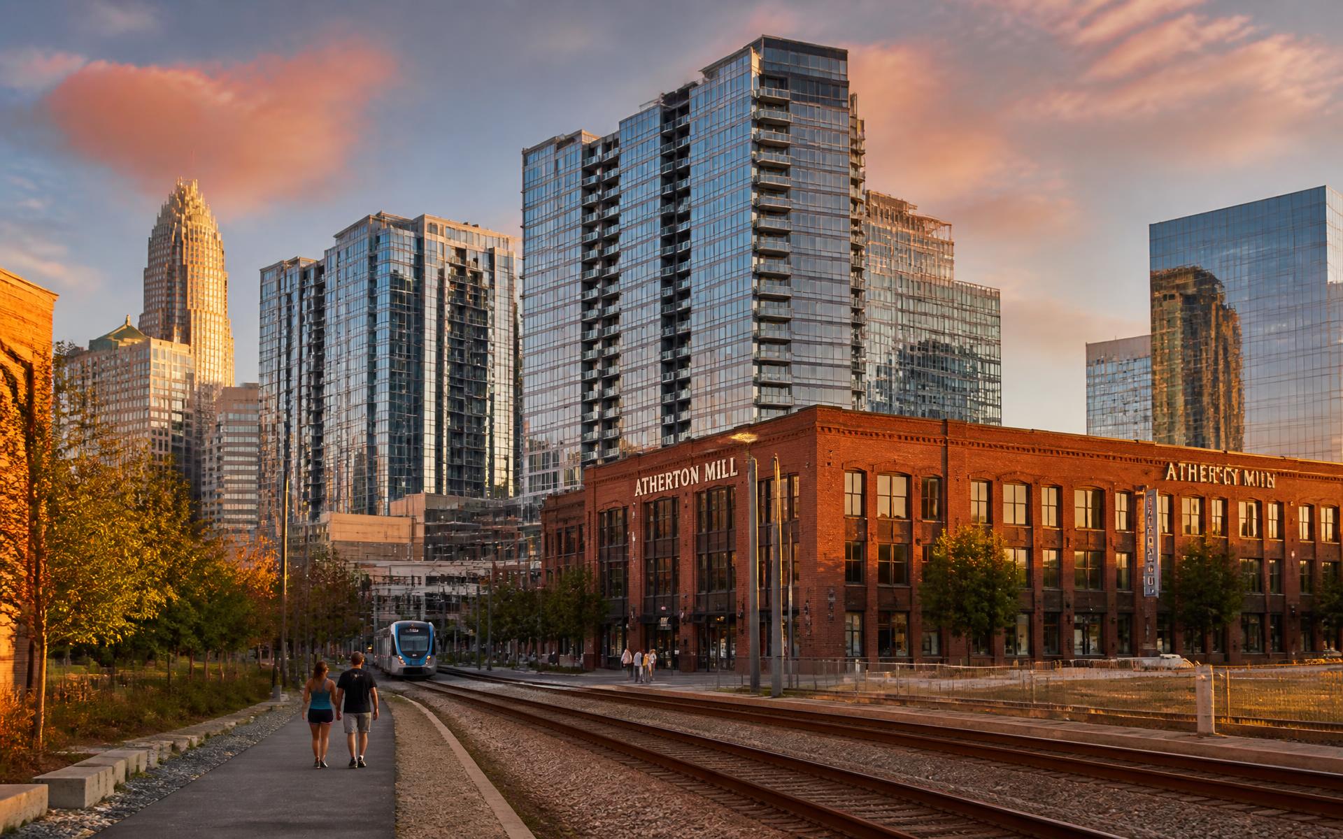 South End Charlotte skyline at golden hour with Atherton Mill and the light rail corridor